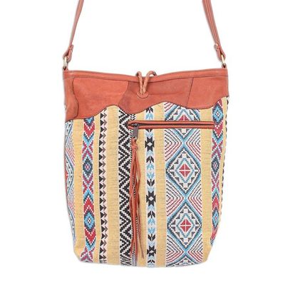 Alternate image for Leather-Accented Cotton Blend Sling Bag Joyful Journey in Yellow