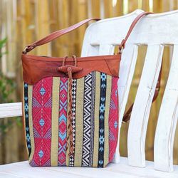 Image for Leather-Accented Patchwork Sling Bag from Thailand Joyful Journey in Red-Yellow