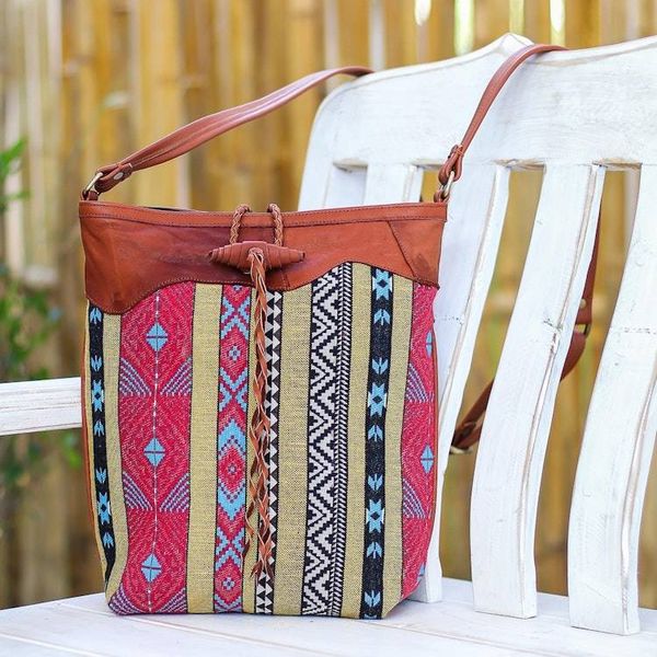 Alternate image for Leather-Accented Patchwork Sling Bag from Thailand Joyful Journey in Red-Yellow