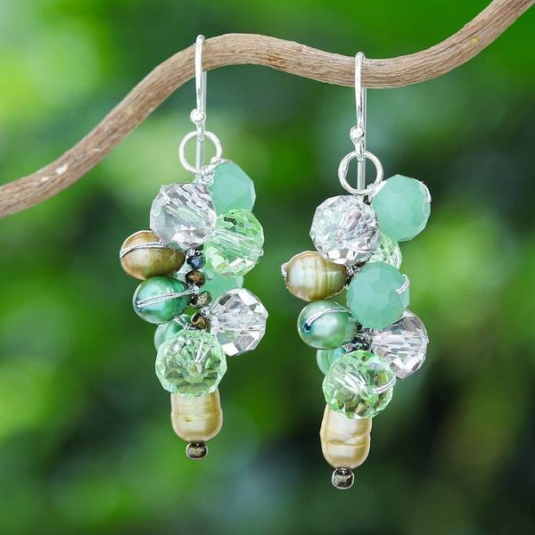 Alternate image for Clear Glass Beaded Cluster Dangle Earrings with Green Pearls Rain of Joy