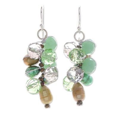 Alternate image for Clear Glass Beaded Cluster Dangle Earrings with Green Pearls Rain of Joy