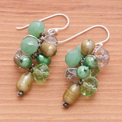 Alternate image for Clear Glass Beaded Cluster Dangle Earrings with Green Pearls Rain of Joy