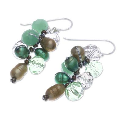Alternate image for Clear Glass Beaded Cluster Dangle Earrings with Green Pearls Rain of Joy