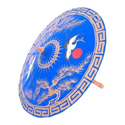 Primary image for Hand-Painted Bamboo and Cotton Parasol Happy Cranes in Blue