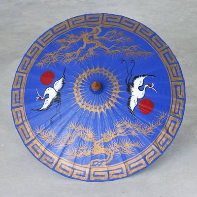 Alternate image for Hand-Painted Bamboo and Cotton Parasol Happy Cranes in Blue