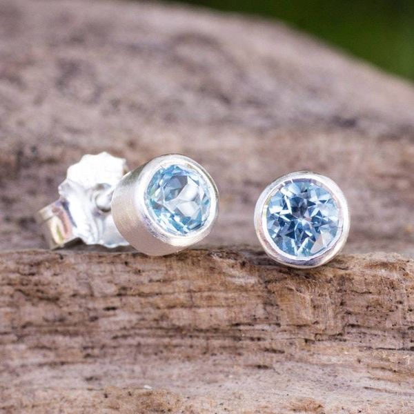 Alternate image for Sterling Silver Stud Earrings with Faceted Blue Topaz Light