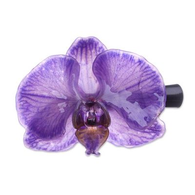 Alternate image for Bohemian Floral Resin-Coated Natural Purple Orchid Hair Clip Purple Whisper