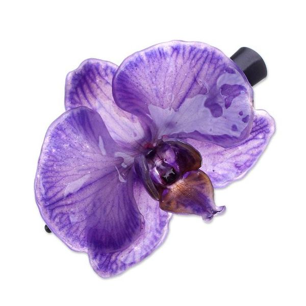 Alternate image for Bohemian Floral Resin-Coated Natural Purple Orchid Hair Clip Purple Whisper