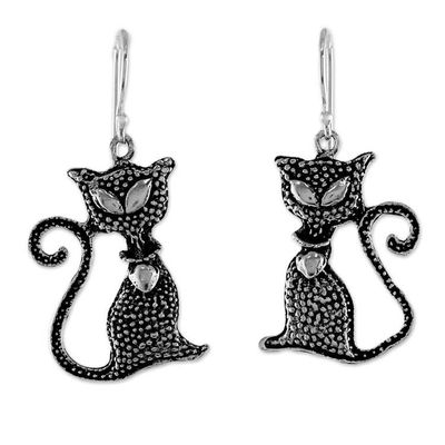 Alternate image for Sterling Silver Cat Dangle Earrings from Thailand Witchs Cat