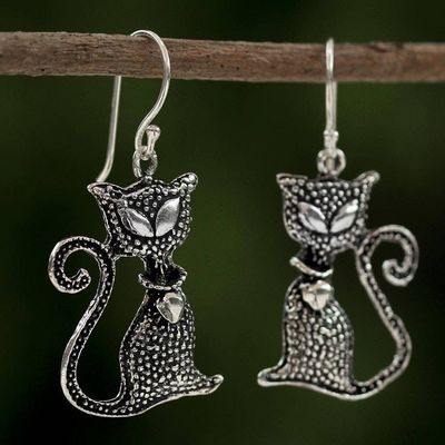 Alternate image for Sterling Silver Cat Dangle Earrings from Thailand Witchs Cat