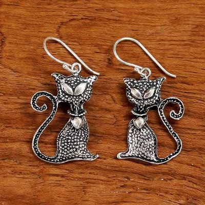Alternate image for Sterling Silver Cat Dangle Earrings from Thailand Witchs Cat