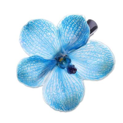 Alternate image for Glossy Resin-Coated Blue Natural Orchid Metallic Hair Clip Blue Whisper