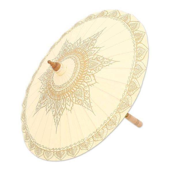 Alternate image for Hand-Painted Cotton and Bamboo Cream Parasol from Thailand Motifs on Cream