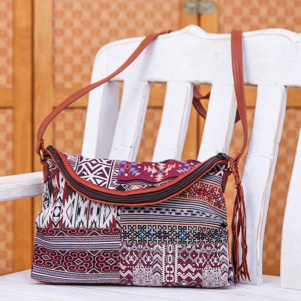 Alternate image for Leather Accented Cotton Patchwork Sling Bag Casual Lanna in Red