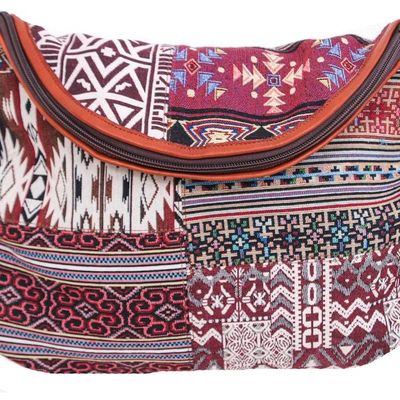 Alternate image for Leather Accented Cotton Patchwork Sling Bag Casual Lanna in Red