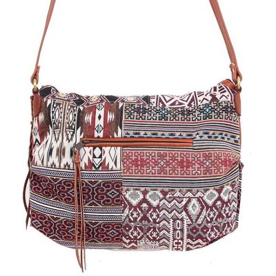 Alternate image for Leather Accented Cotton Patchwork Sling Bag Casual Lanna in Red
