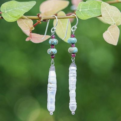 Primary image for Hill Tribe-Inspired Multi-Gemstone Dangle Hook Earrings Distinguished Pearl