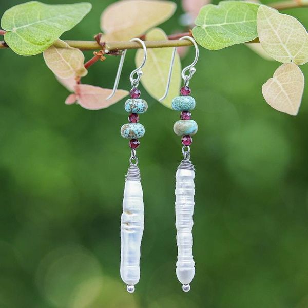Alternate image for Hill Tribe-Inspired Multi-Gemstone Dangle Hook Earrings Distinguished Pearl