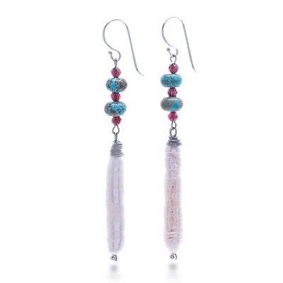 Alternate image for Hill Tribe-Inspired Multi-Gemstone Dangle Hook Earrings Distinguished Pearl