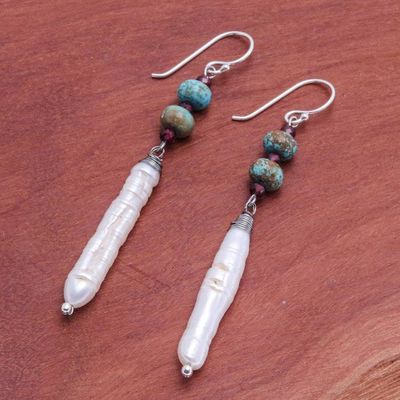 Alternate image for Hill Tribe-Inspired Multi-Gemstone Dangle Hook Earrings Distinguished Pearl