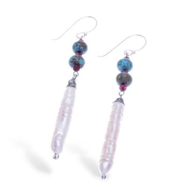 Alternate image for Hill Tribe-Inspired Multi-Gemstone Dangle Hook Earrings Distinguished Pearl