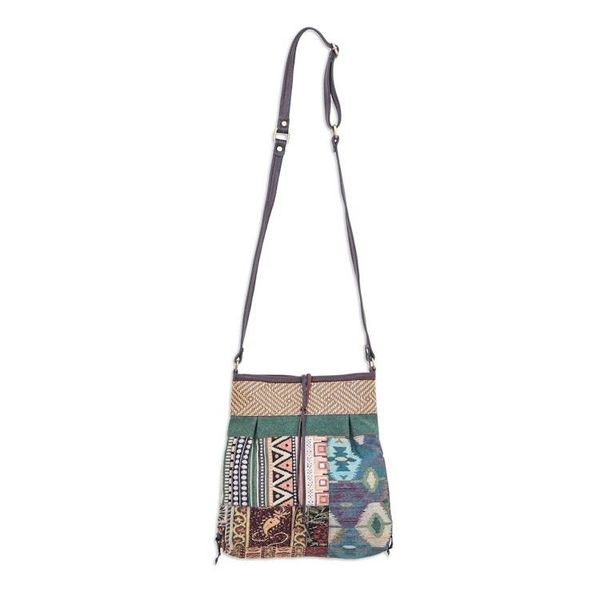 Alternate image for Thai Cotton Patchwork Sling Bag with Leather Strap Intermission in Green