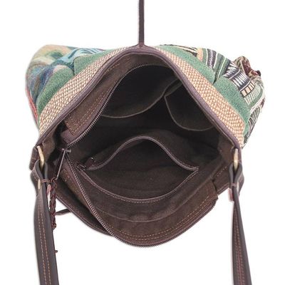 Alternate image for Thai Cotton Patchwork Sling Bag with Leather Strap Intermission in Green