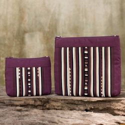 Image for Maroon Cotton Blend Cosmetic Cases from Thailand pair Exotic Lisu in Wine