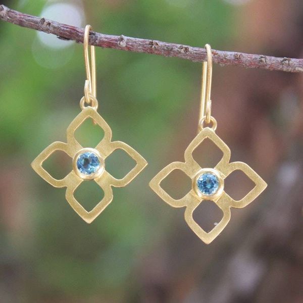 Alternate image for Gold plated blue topaz flower earrings Thai Bloom