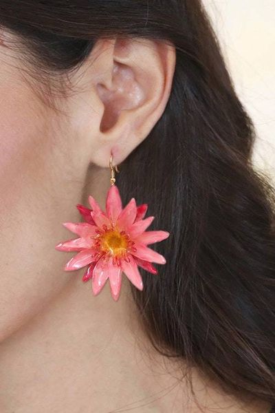 Alternate image for Red Water Lily Dangle Earrings with 22k Gold-Plated Hooks Chic Red Water Lily