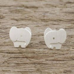 Image for Brushed Sterling Silver Elephant Stud Earrings from Thailand Watchful Elephants