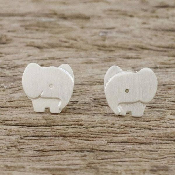 Alternate image for Brushed Sterling Silver Elephant Stud Earrings from Thailand Watchful Elephants