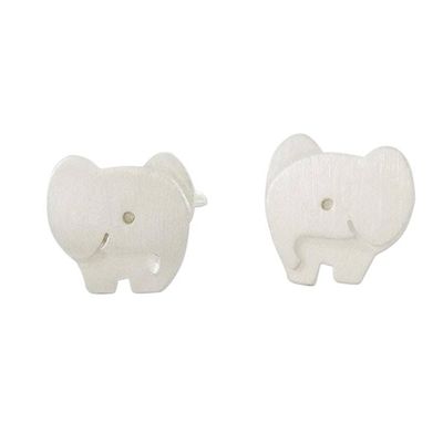 Alternate image for Brushed Sterling Silver Elephant Stud Earrings from Thailand Watchful Elephants