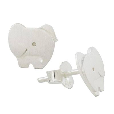 Alternate image for Brushed Sterling Silver Elephant Stud Earrings from Thailand Watchful Elephants