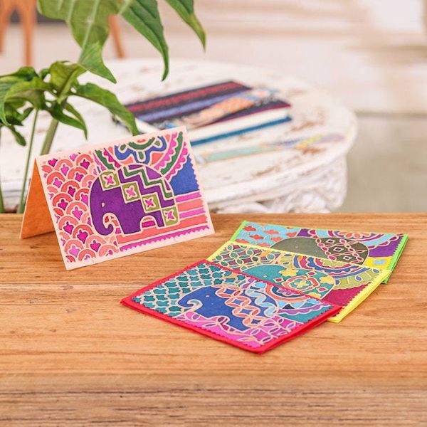 Alternate image for 4 Elephant-Themed Batik Cotton and Paper Greeting Cards Charming Salutations
