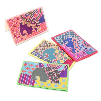 Alternate image for 4 Elephant-Themed Batik Cotton and Paper Greeting Cards Charming Salutations