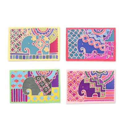 Alternate image for 4 Elephant-Themed Batik Cotton and Paper Greeting Cards Charming Salutations