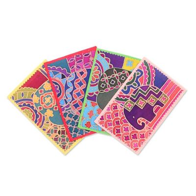 Alternate image for 4 Elephant-Themed Batik Cotton and Paper Greeting Cards Charming Salutations