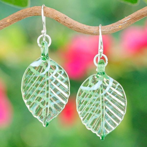 Alternate image for Handblown Striped Green and Clear Glass Leaf Dangle Earrings Harmonious Foliage
