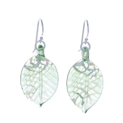 Alternate image for Handblown Striped Green and Clear Glass Leaf Dangle Earrings Harmonious Foliage