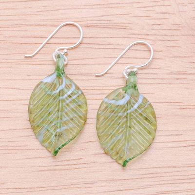 Alternate image for Handblown Striped Green and Clear Glass Leaf Dangle Earrings Harmonious Foliage