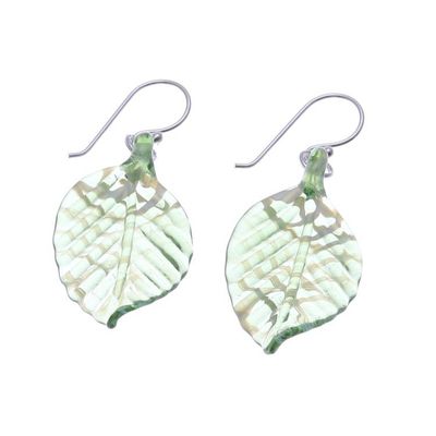 Alternate image for Handblown Striped Green and Clear Glass Leaf Dangle Earrings Harmonious Foliage