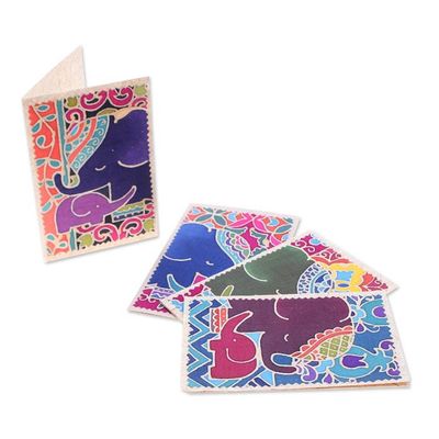Alternate image for 4 Batik Cotton and Paper Greeting Cards with Elephant Motif Delightful Salutations