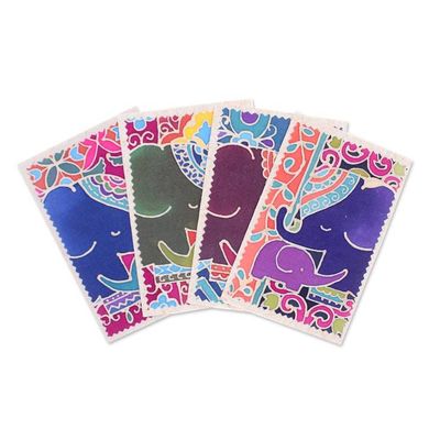 Alternate image for 4 Batik Cotton and Paper Greeting Cards with Elephant Motif Delightful Salutations