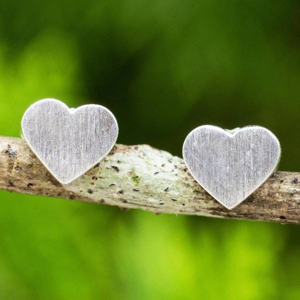 Alternate image for Brushed Sterling Silver 925 Petite Heart Stud Earrings For Love