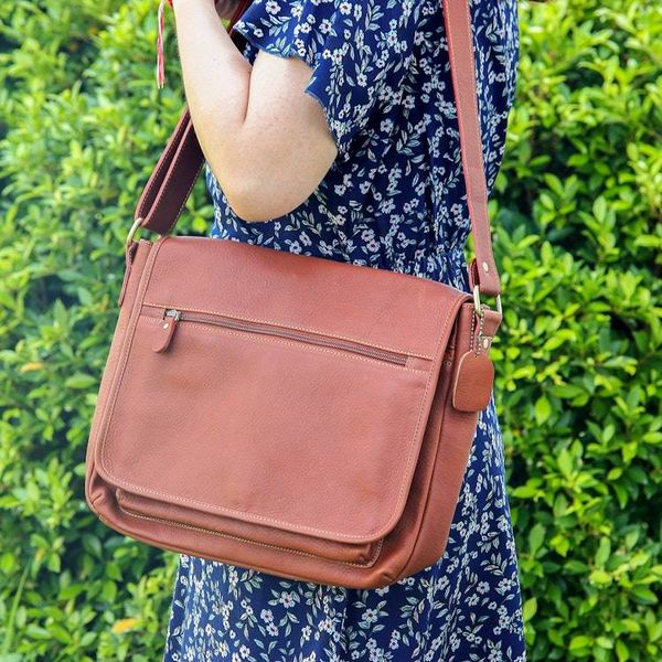Alternate image for Leather Flap Messenger Bag with Adjustable Strap in Brown Urban Atlas