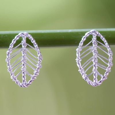 Primary image for Artisan Crafted Sterling Silver Leaf Shaped Button Earrings Lucky Leaf Wrap