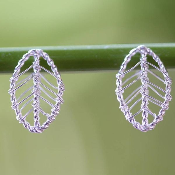 Alternate image for Artisan Crafted Sterling Silver Leaf Shaped Button Earrings Lucky Leaf Wrap