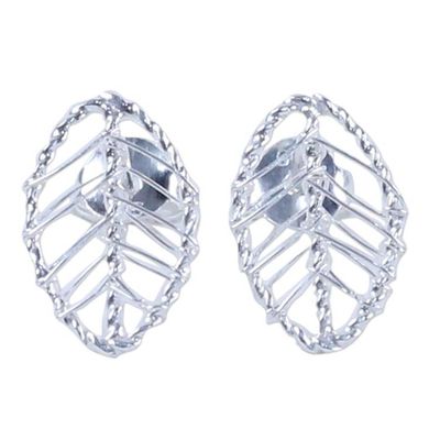 Alternate image for Artisan Crafted Sterling Silver Leaf Shaped Button Earrings Lucky Leaf Wrap