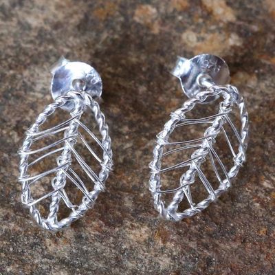 Alternate image for Artisan Crafted Sterling Silver Leaf Shaped Button Earrings Lucky Leaf Wrap